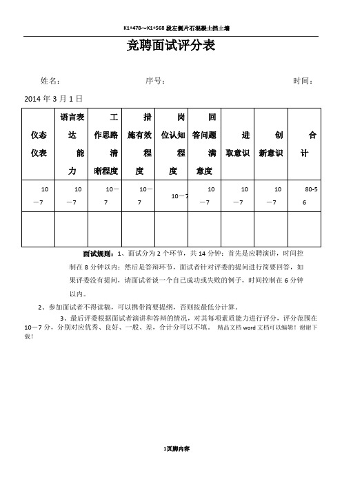 竞聘中层干部岗位面试评分表