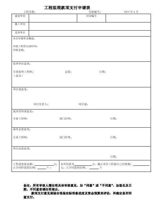 工程监理款项支付申请表