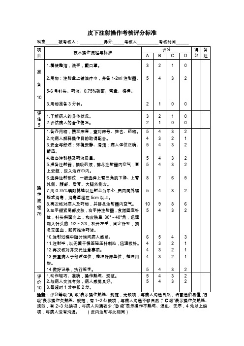 皮下注射操作考核评分标准