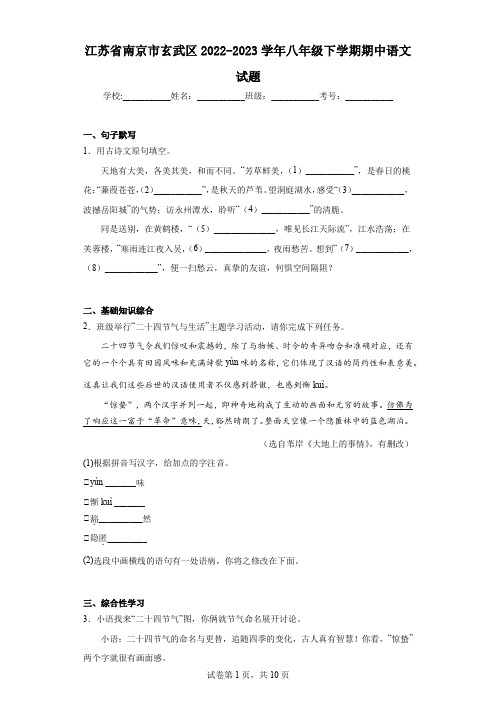 江苏省南京市玄武区2022-2023学年八年级下学期期中语文试题