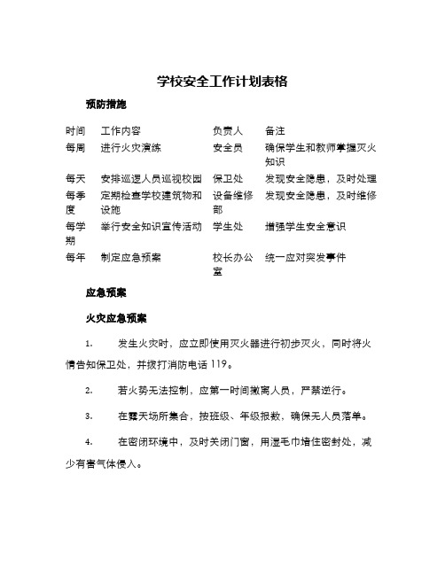 学校安全工作计划表格