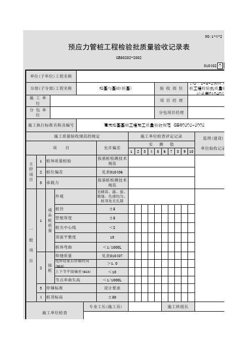 NO：1-4-2预应力管桩工程检验批质量验收记录表010402