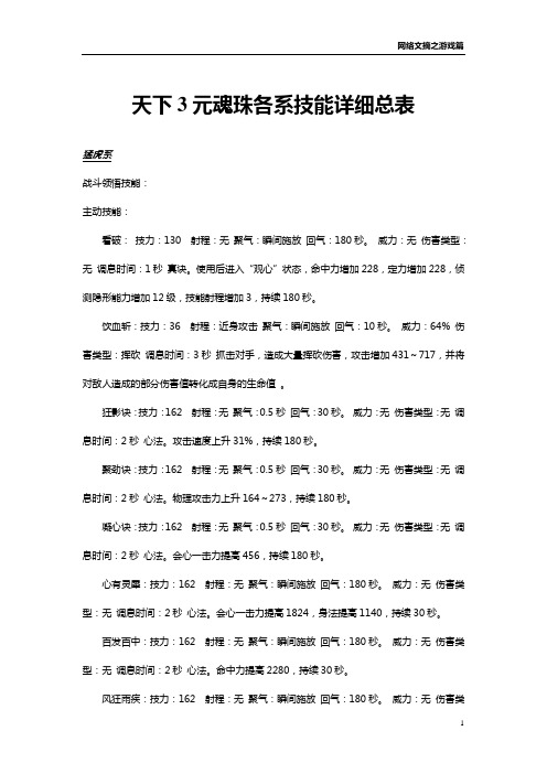 天下3元魂珠各系技能详细总表