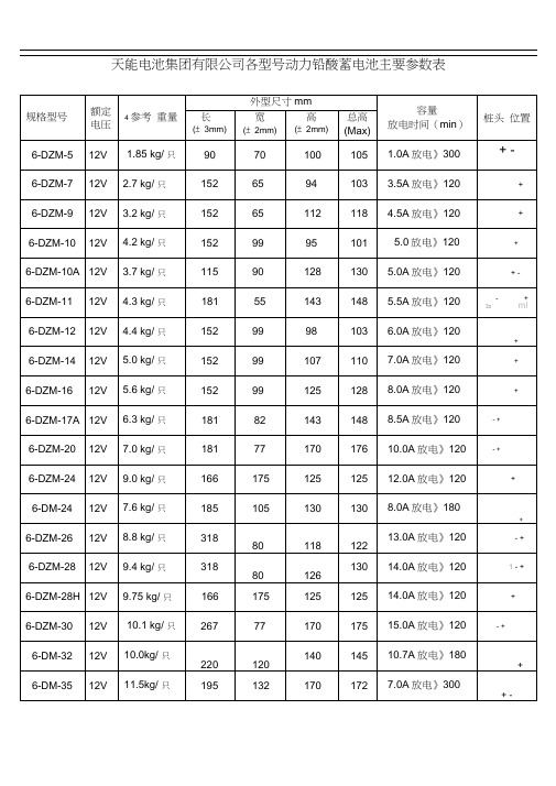 天能电池集团有限公司各型号动力铅酸蓄电池主要参数表