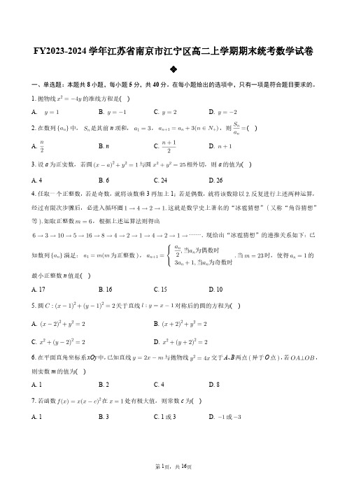 2023-2024学年江苏省南京市江宁区高二上学期期末统考数学试卷+答案解析