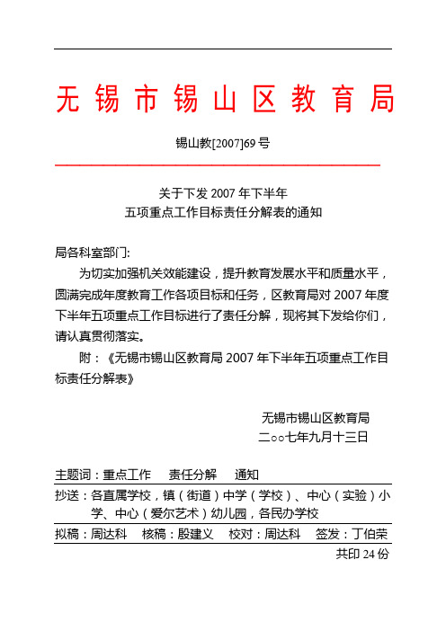 关于下发2007年下半年五项重点工作目标责任分解表的通知