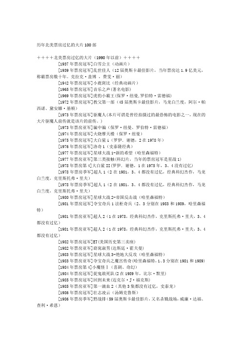 历年北美票房过亿的大片100部
