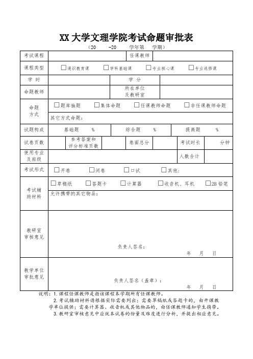 XX大学文理学院考试命题审批表