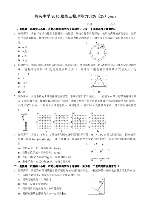 浙江省诸暨市牌头中学高三下学期物理能力训练(25)(无答案)