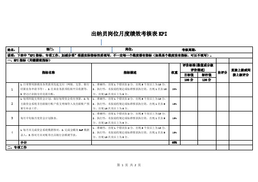 出纳员岗位月度绩效考核表KPI