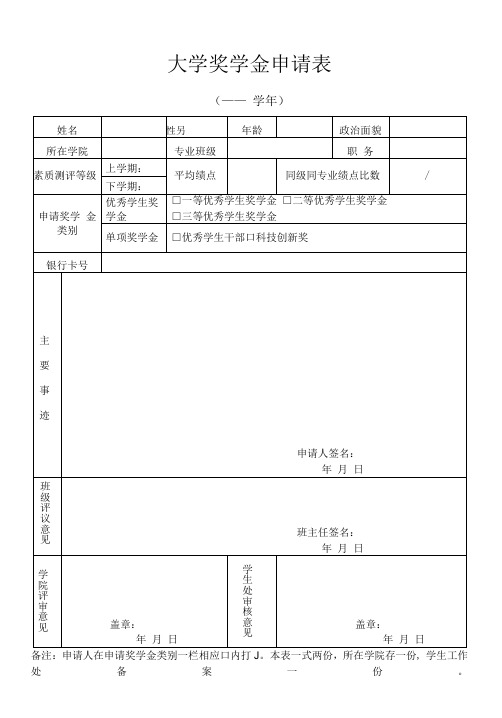 大学奖学金申请表(优秀学生奖学金、优干奖励等)