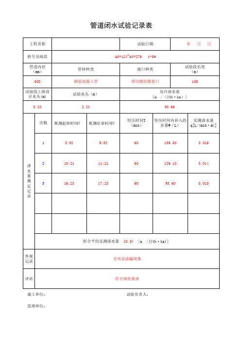 管道闭水水试验记录表(内含自动计算公式)