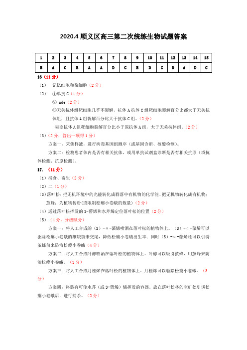 2020.4顺义区高三第二次统练生物答案(终稿)