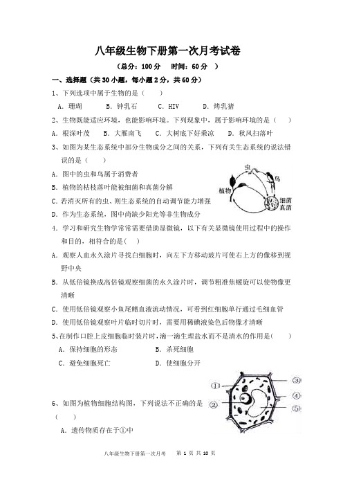 八年级生物下册第一次月考试卷及答案