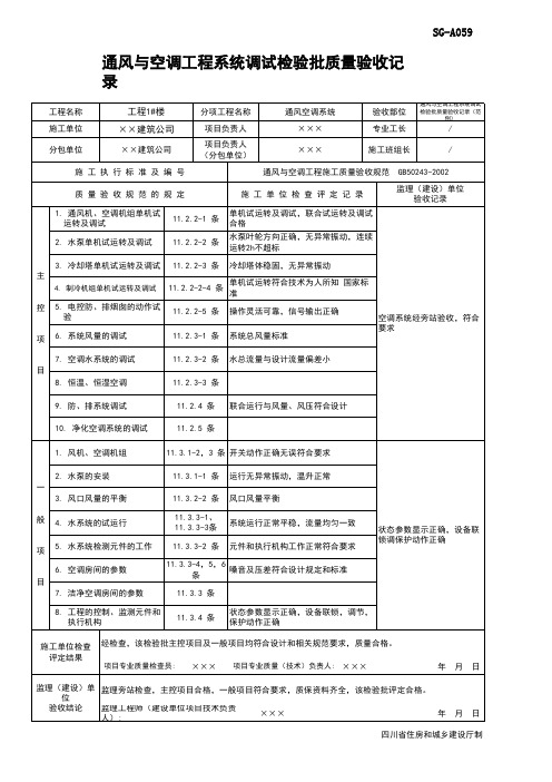 通风与空调工程系统调试检验批质量验收记录(范例)