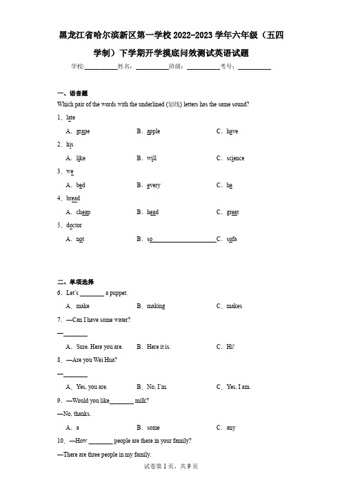 黑龙江省哈尔滨新区第一学校2022-2023学年六年级(五四学制)下学期开学摸底问效测试英语试题