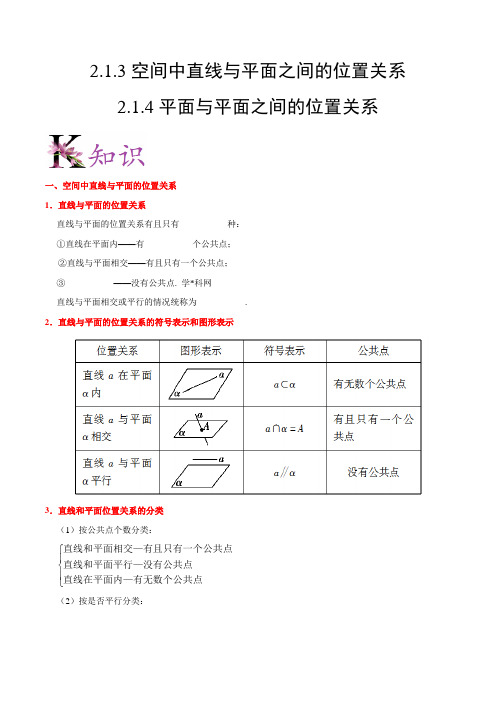 空间中直线与平面之间的位置关系、平面与平面之间的位置关系