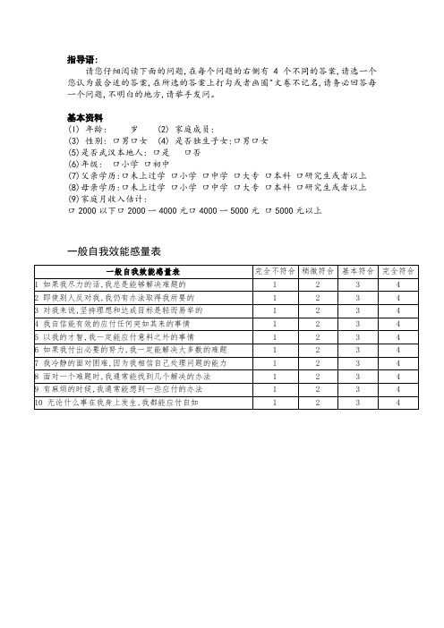 自我效能感问卷