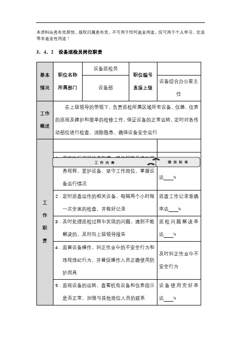 设备部岗位职责:设备巡检员、维修工程师、保养专员、点检员