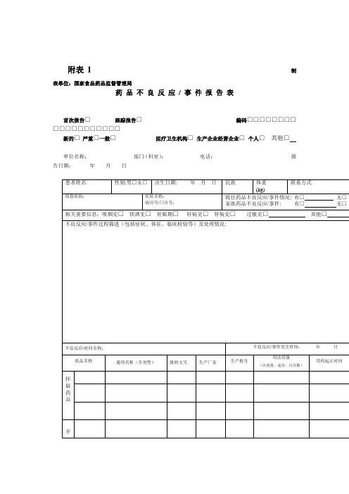 2012年版本的药品不良反应／事件报告表