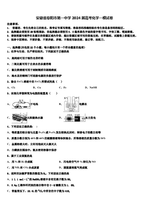 安徽省阜阳市第一中学2024届高考化学一模试卷含解析