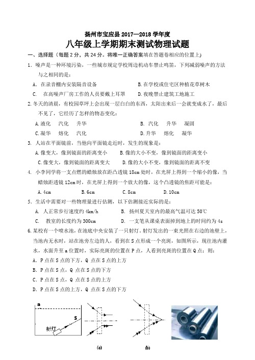扬州市宝应县2017—2018学年度八年级上学期期末测试物理试题(含答案)