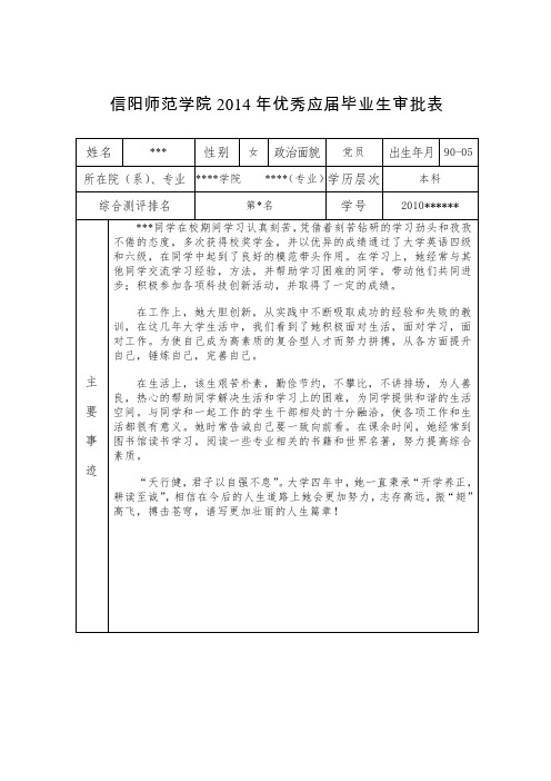 信阳师范学院2014年优秀应届毕业生审批表