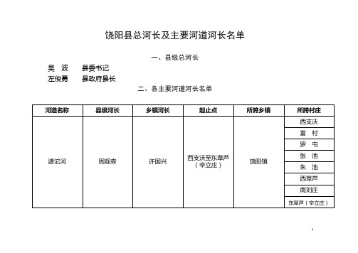 饶阳县总河长及主要河道河长名单