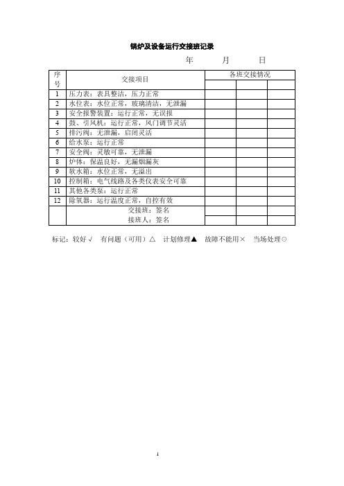 锅炉及设备运行交接班记录