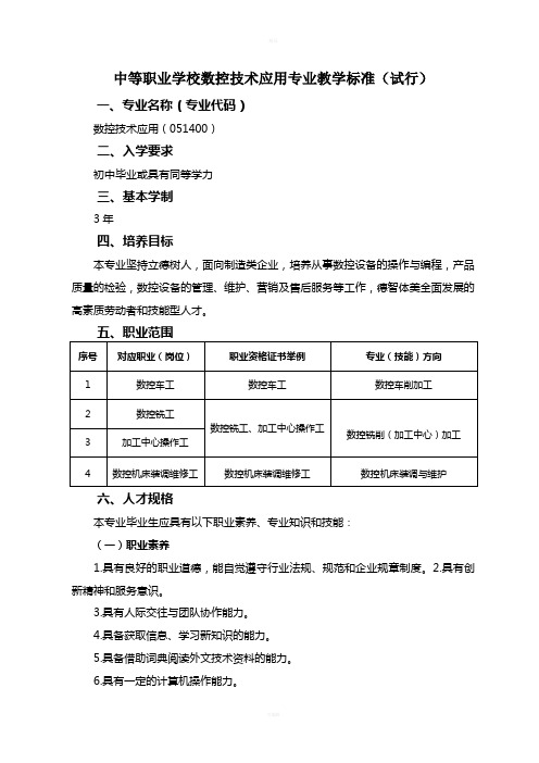 中等职业学校数控技术应用专业教学标准(教育部2014年试行)