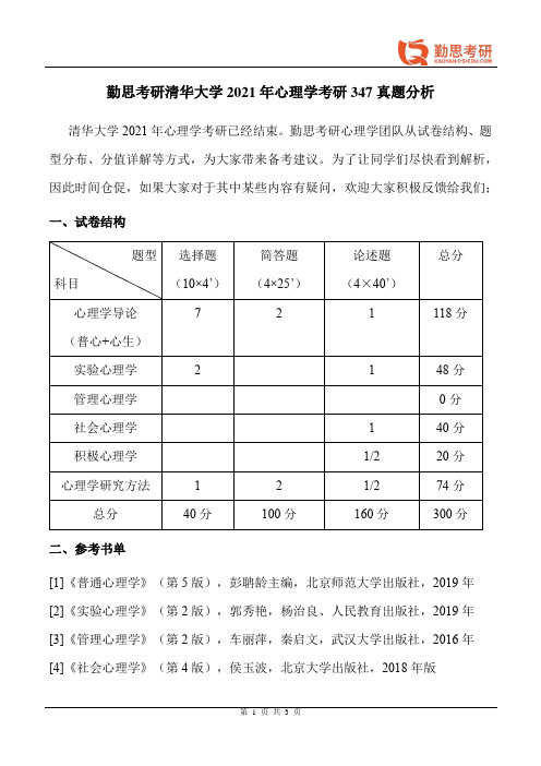 勤思考研2021年清华大学应用心理硕士347真题分析