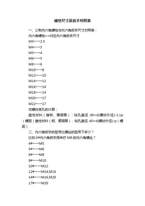 螺丝尺寸及扳手对照表