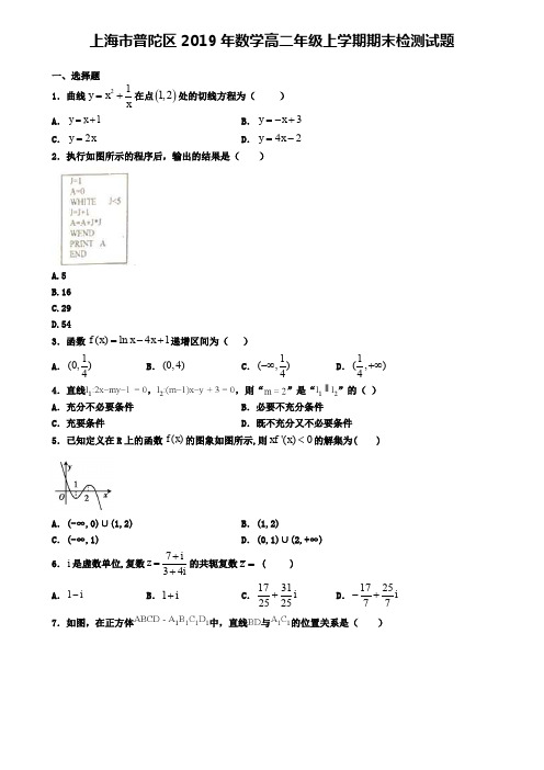 上海市普陀区2019年数学高二年级上学期期末检测试题