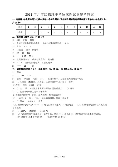2011年九年级物理第二次模拟答案