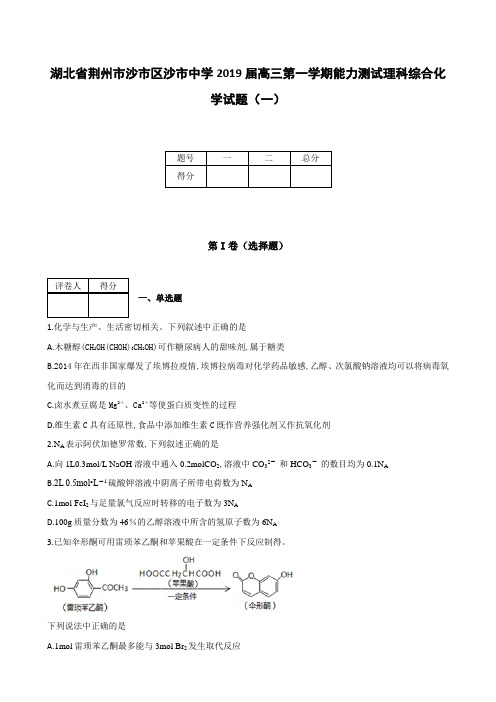 全国各地高中化学试题及解析湖北省荆州市沙市区沙市中学高2019届高2016级高三上学期能力测试理科综合