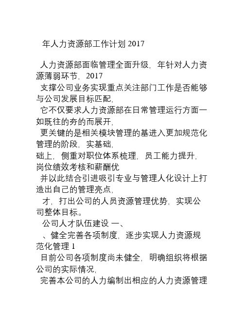 2017年人力资源部工作计划
