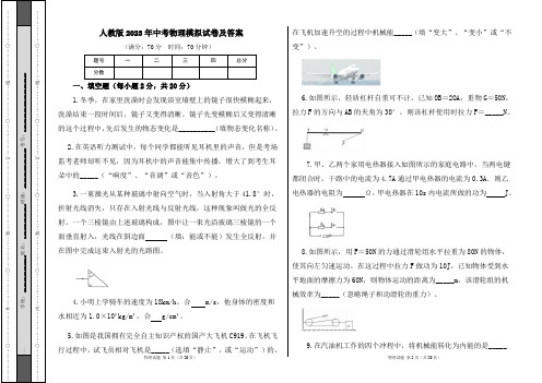 人教版2023年中考物理模拟试卷及答案