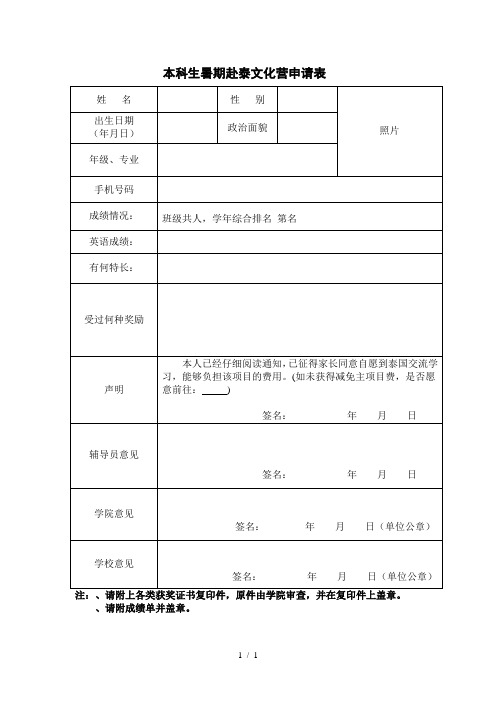 本科生2018暑期赴泰文化营申请表