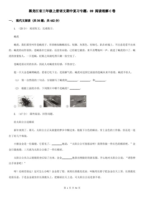 黑龙江省三年级上册语文期中复习专题：09 阅读理解C卷