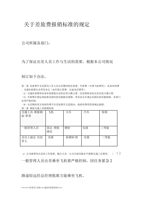 差旅费报销标准参考资料