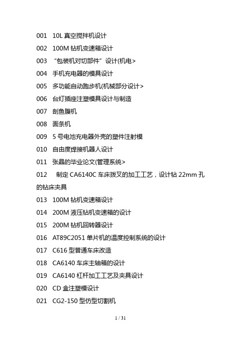 最新机械电子类毕业设计方案经典题目集