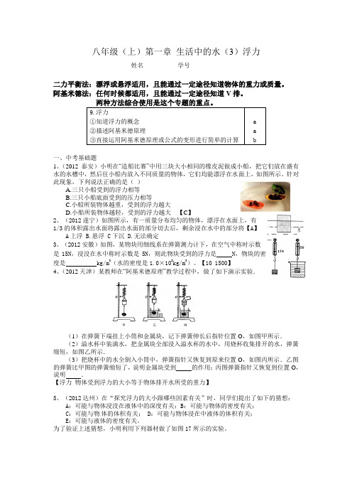 2013年中考按单元复习专题系列：八年级(上)第一章生活中的水(3)浮力(答案)