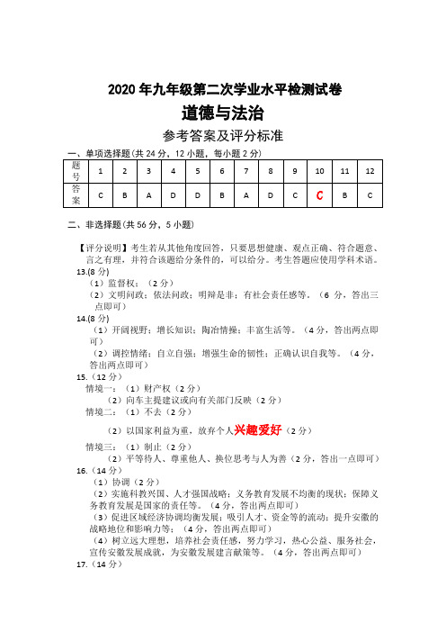 2020年九年级第二次学业水平检测试卷政治二模答案(2)