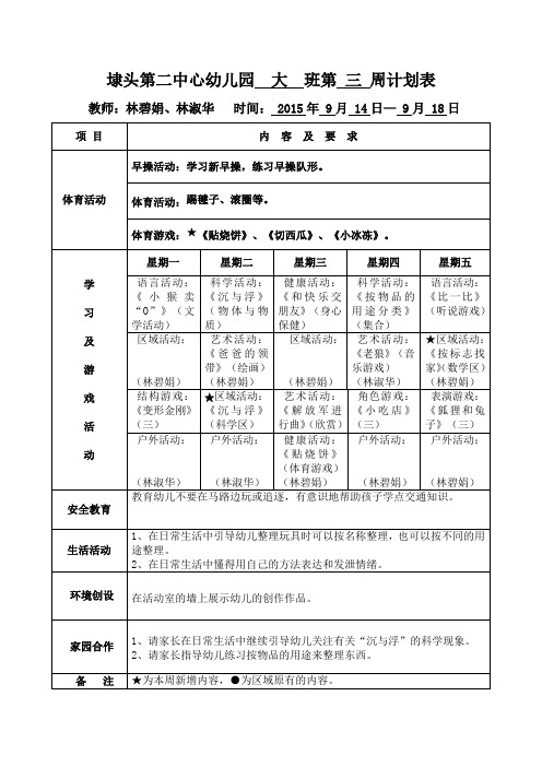 第三周周活动计划表、区域活动计划表