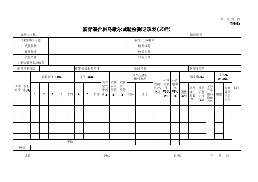 沥青混合料马歇尔试验检测记录表(芯样)