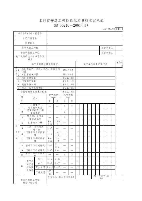 木门窗安装工程检验批质量验收记录表