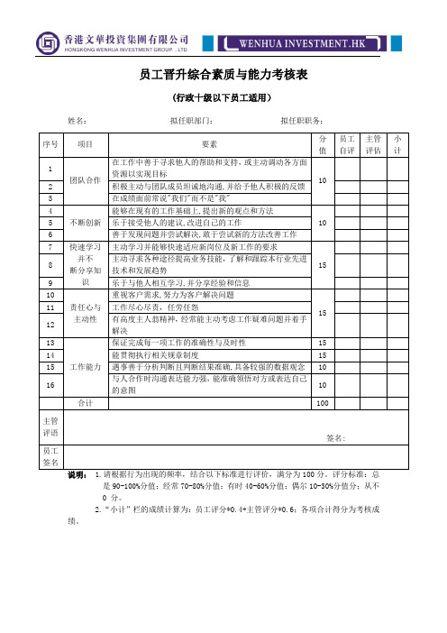 员工晋升综合素质与能力考核表2