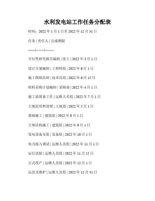 水利发电站工作任务分配表