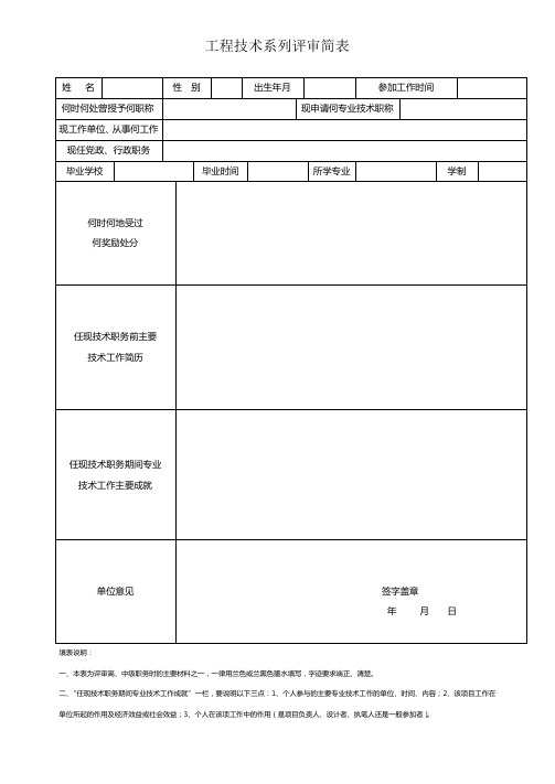 工程技术系列评审简表