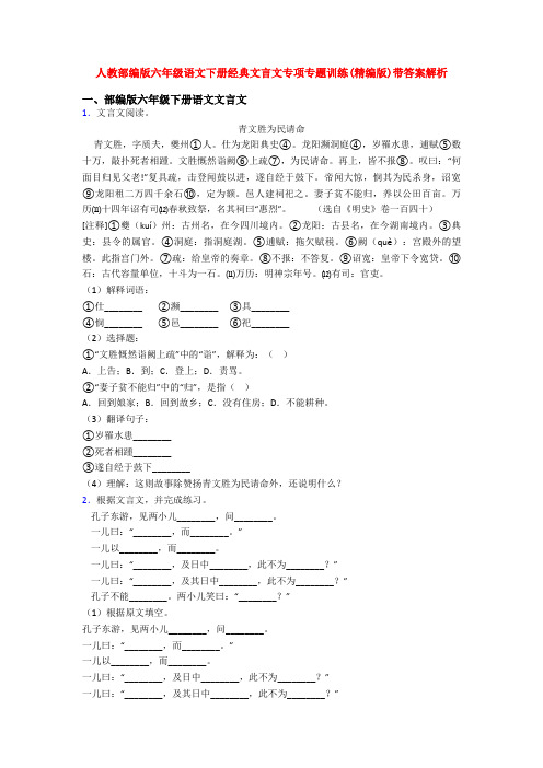 人教部编版六年级语文下册经典文言文专项专题训练(精编版)带答案解析